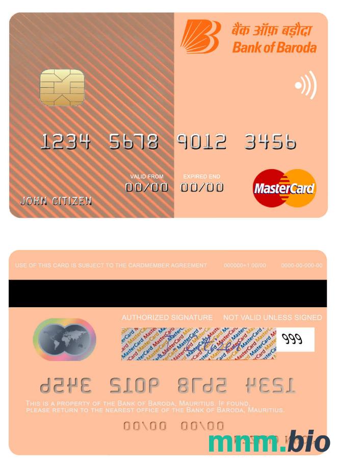 Mauritius Bank of Baroda przykład karty mastercard w formacie PSD